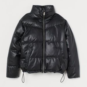 H&M Divided boxy faux leather puffer coat jacket black size large zipper